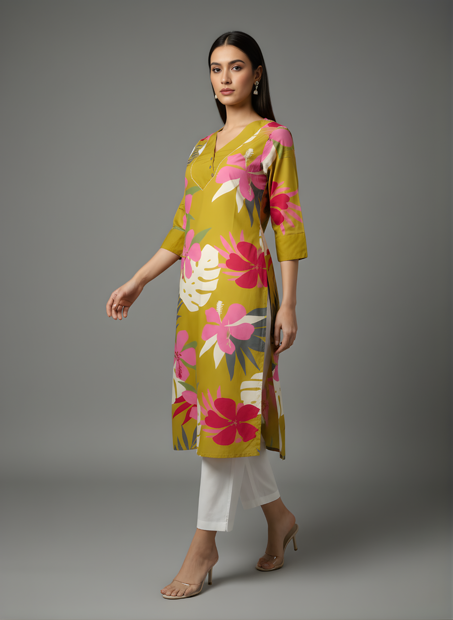Mustard Yellow Pure Cotton Floral Printed Kurta for Women – Stylish Daily Wear by Aaronee