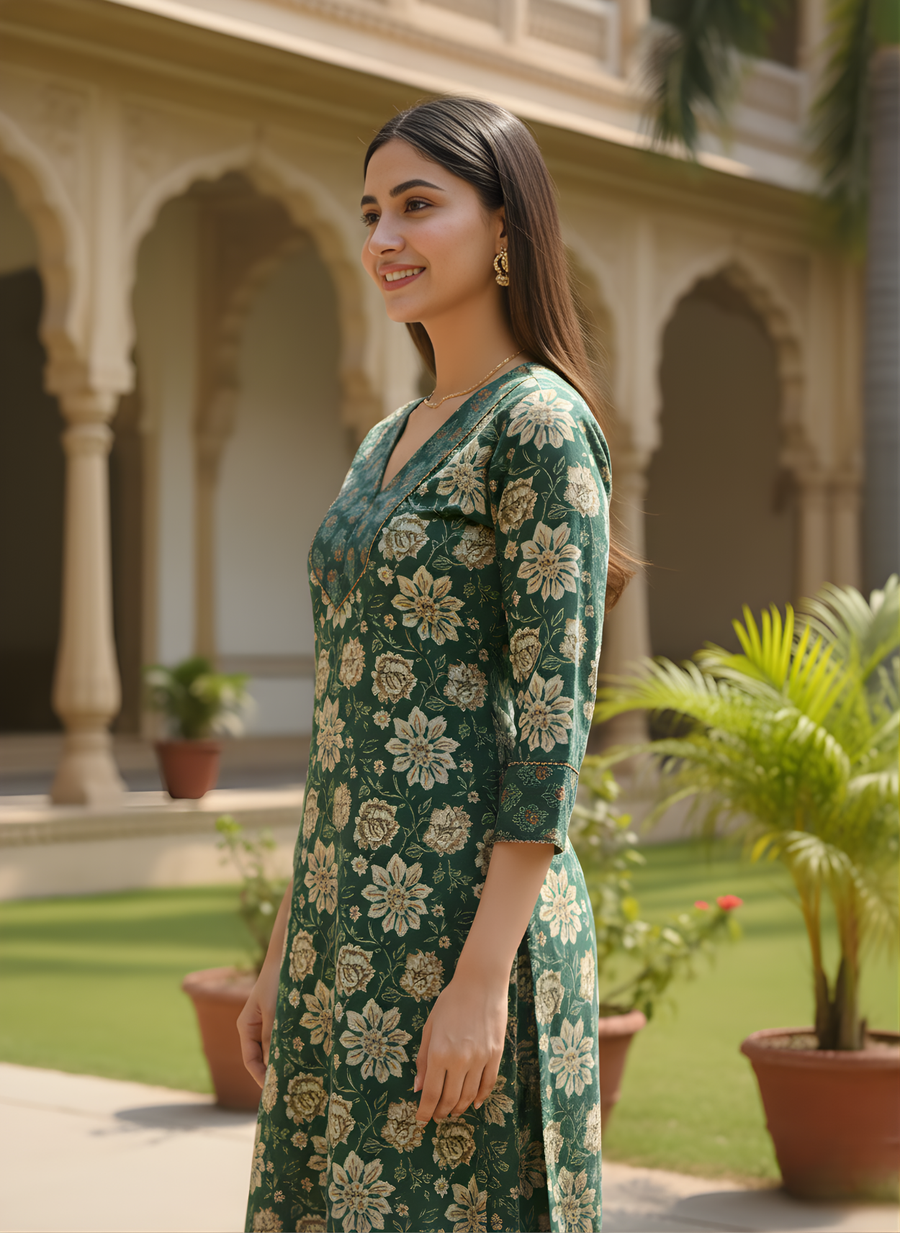 Aaronee Pure Cotton Printed Kurta Set for Women – Navy Blue Ethnic Daily Wear Ensemble