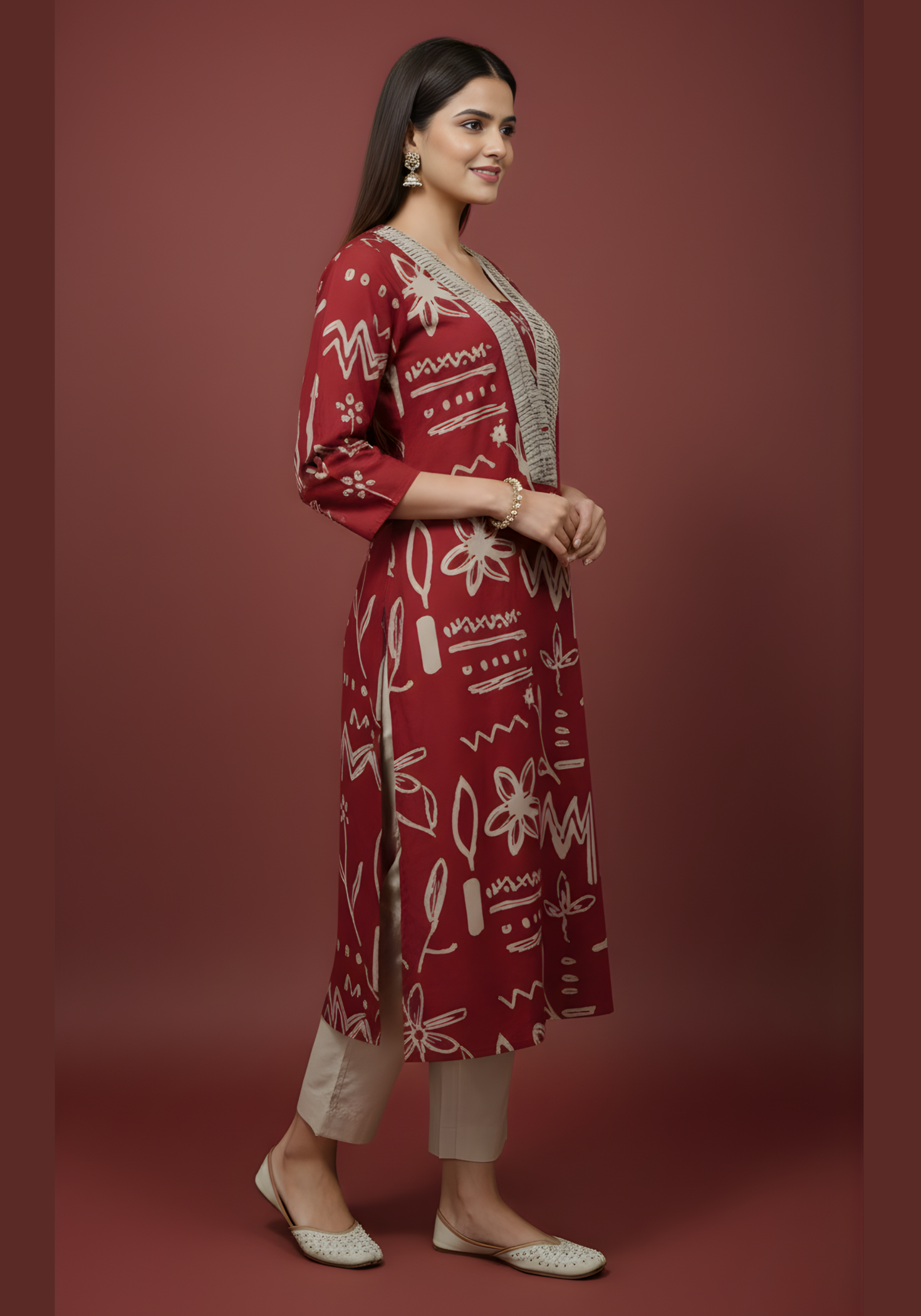 Aaronee handcrafted yoke detailing on red cotton kurta
