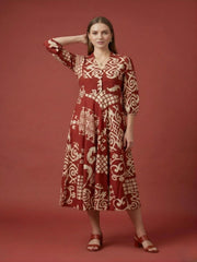 Red printed cotton dress with V-neck