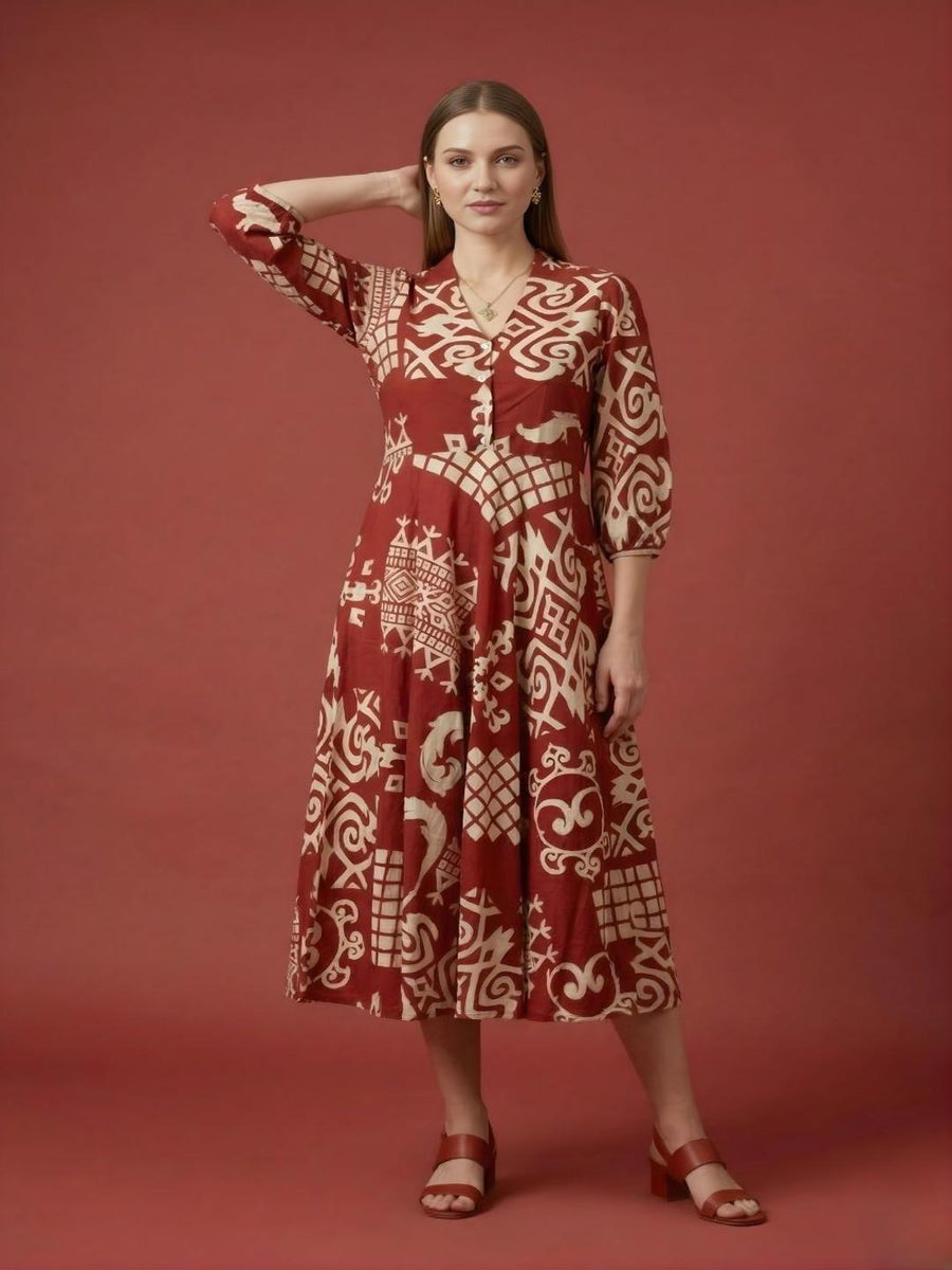 Red printed cotton dress with V-neck