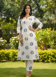 White & Blue Printed Cotton Flex Kurta Set for Women – Aaronee Ethnic Wear