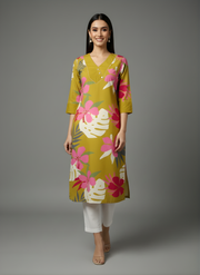 Mustard Yellow Pure Cotton Floral Printed Kurta for Women – Stylish Daily Wear by Aaronee