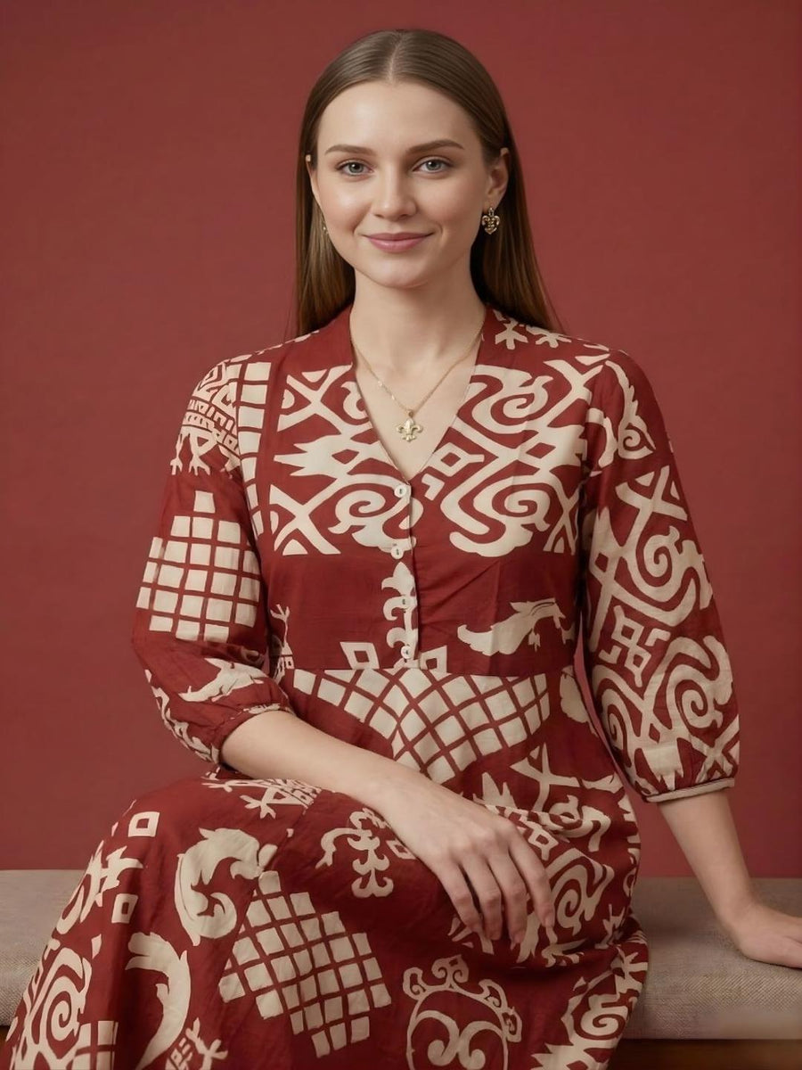 Premium cotton abstract print casual midi dress