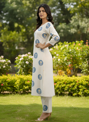 White & Blue Printed Cotton Flex Kurta Set for Women – Aaronee Ethnic Wear