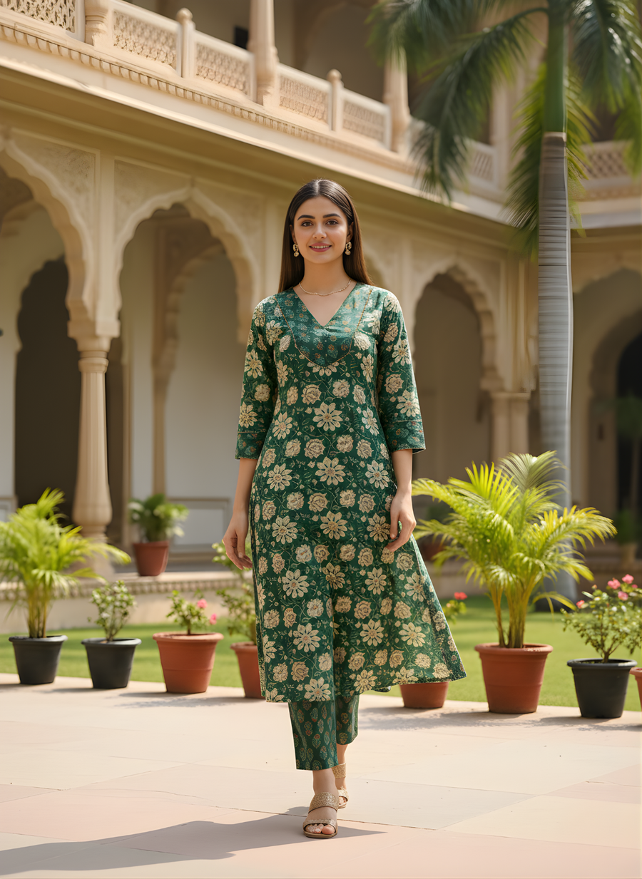 Aaronee Pure Cotton Printed Kurta Set for Women – Navy Blue Ethnic Daily Wear Ensemble