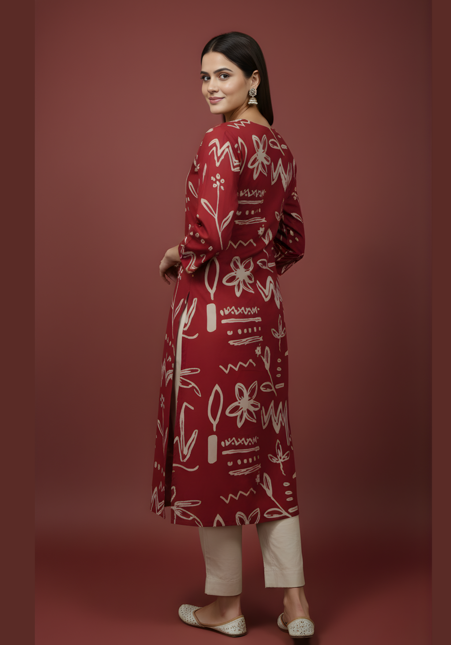 Aaronee abstract print red cotton kurta set