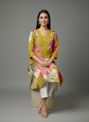 Mustard Yellow Pure Cotton Floral Printed Kurta for Women – Stylish Daily Wear by Aaronee