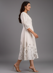 Elegant Grey Cotton Midi Dress with Peach Animal Print – Aaronee