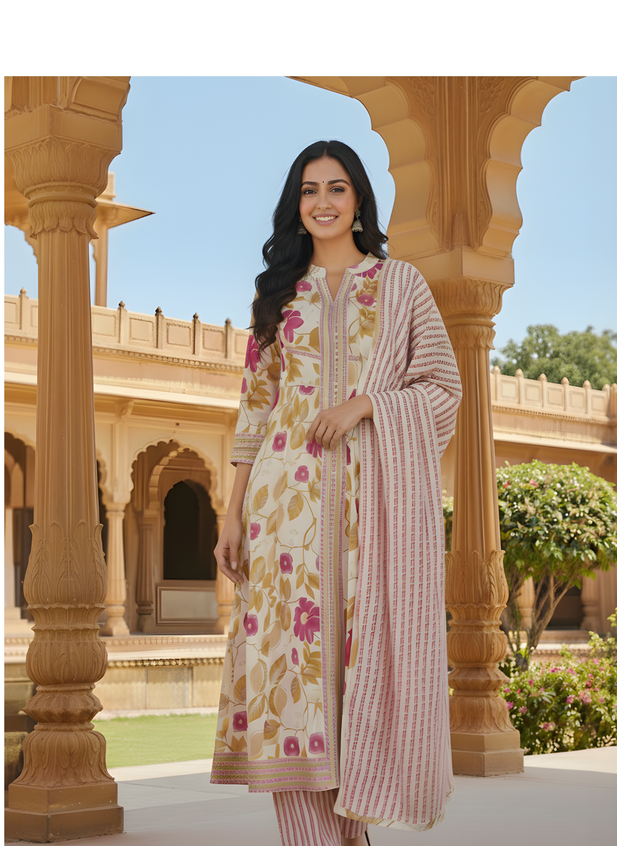 Pure Cotton Cream Pink Kurta Set for Women