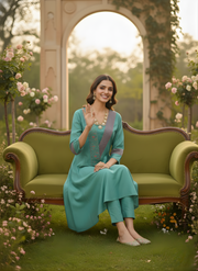 Teal Green Roman Silk Kurta Set – Elegant Festive Wear with Embroidered Detail by Aaronee