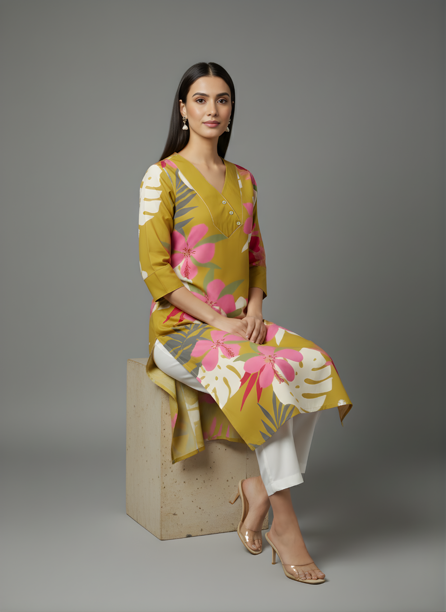 Mustard Yellow Pure Cotton Floral Printed Kurta for Women – Stylish Daily Wear by Aaronee