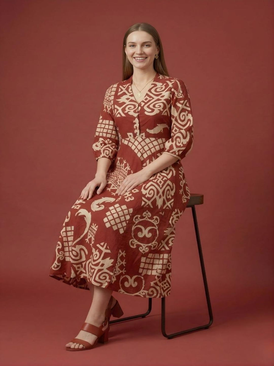 Three-quarter sleeve cotton midi dress for women