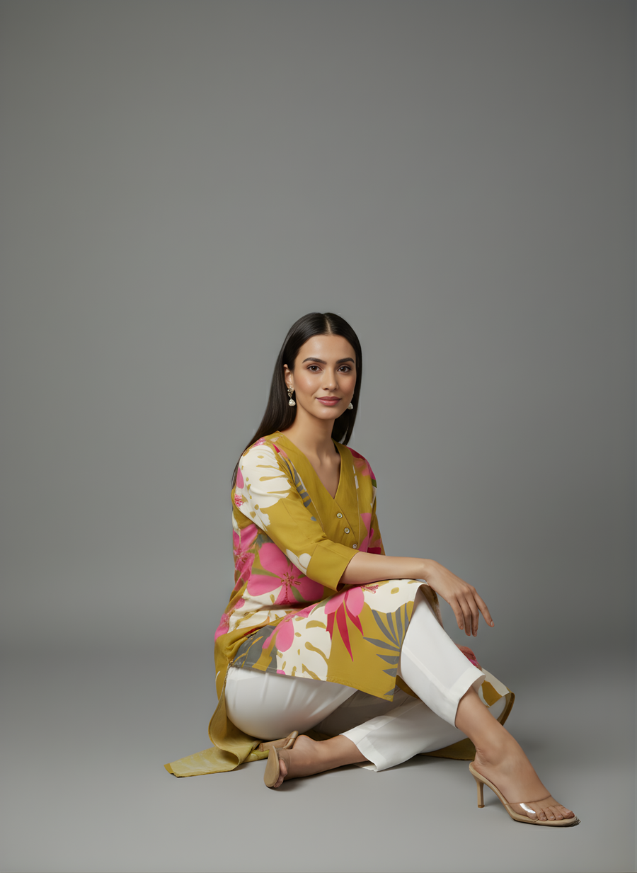 Mustard Yellow Pure Cotton Floral Printed Kurta for Women – Stylish Daily Wear by Aaronee