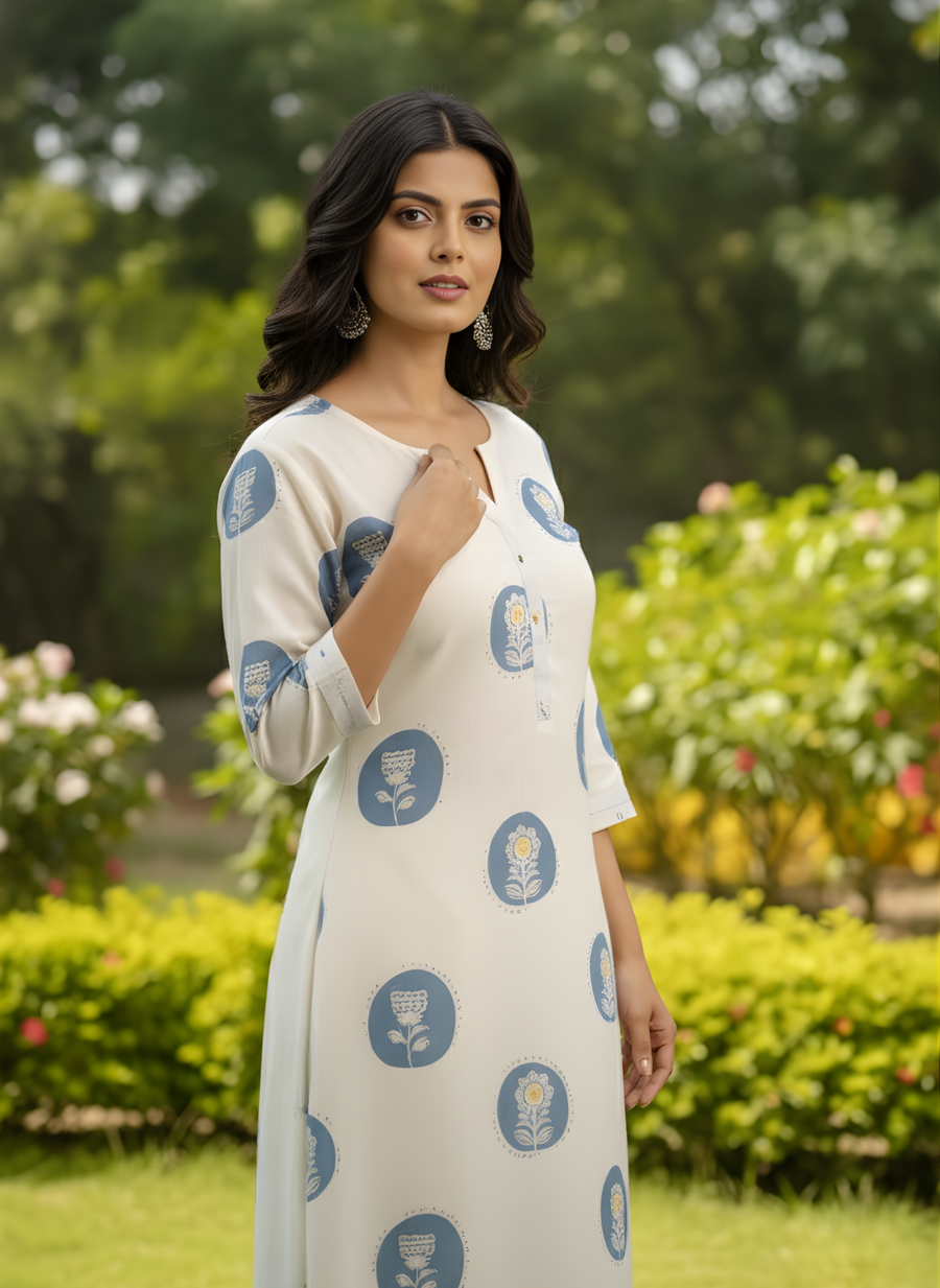 White & Blue Printed Cotton Flex Kurta Set for Women – Aaronee Ethnic Wear
