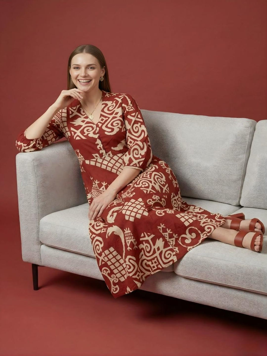 Aaronee red designer cotton midi dress