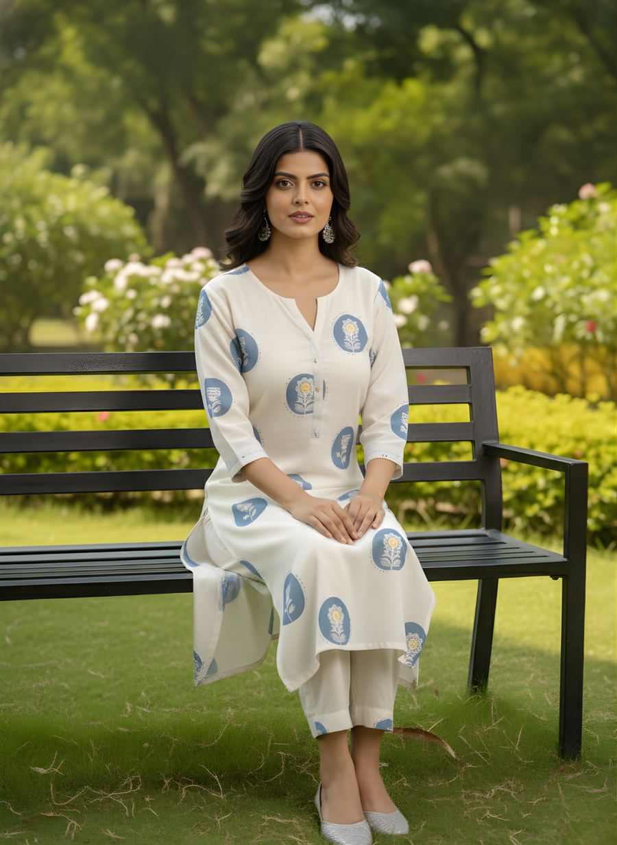 White & Blue Printed Cotton Flex Kurta Set for Women – Aaronee Ethnic Wear