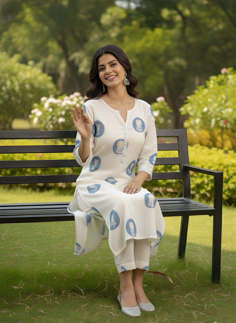 White & Blue Printed Cotton Flex Kurta Set for Women – Aaronee Ethnic Wear