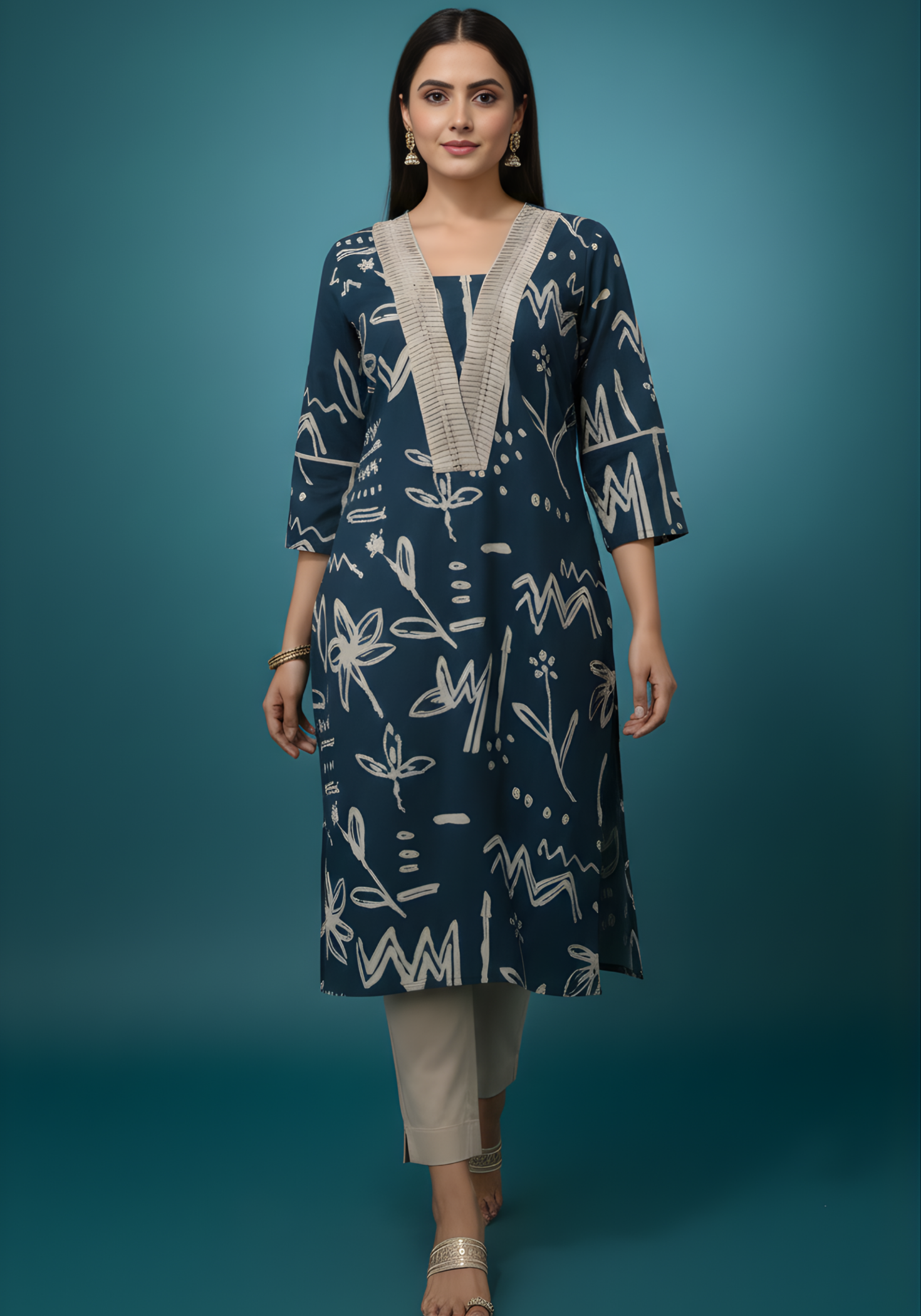 Aaronee blue printed cotton kurta with handwork neckline