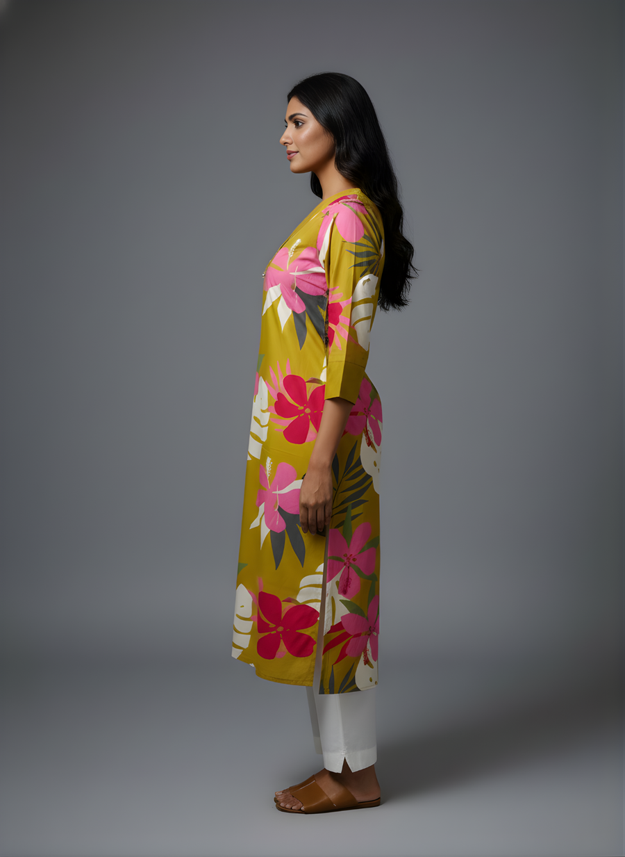 Mustard Yellow Pure Cotton Floral Printed Kurta for Women – Stylish Daily Wear by Aaronee