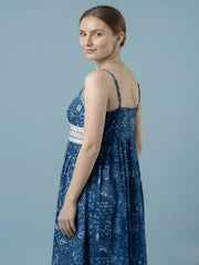 Aaronee blue printed cotton midi dress for women