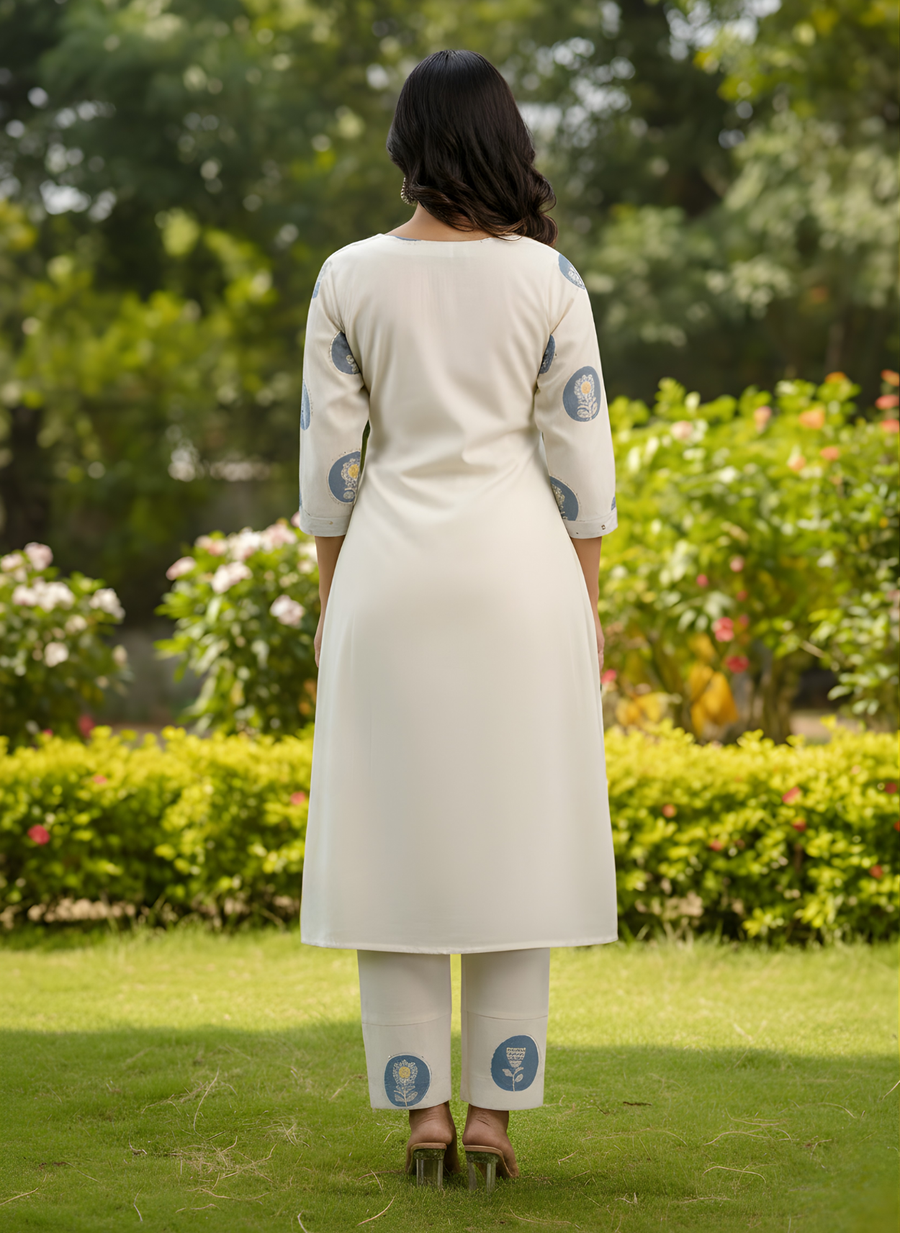 White & Blue Printed Cotton Flex Kurta Set for Women – Aaronee Ethnic Wear
