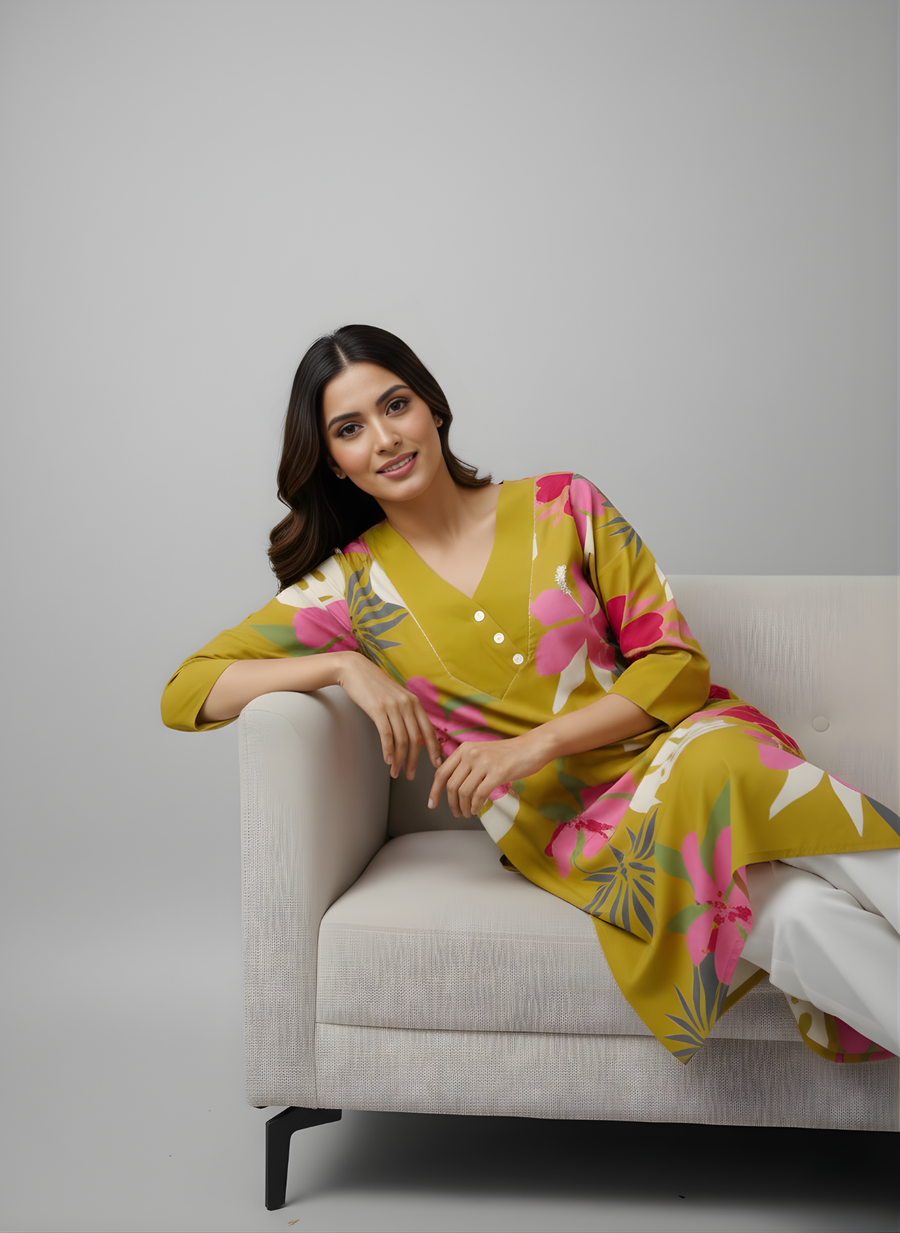 Mustard Yellow Pure Cotton Floral Printed Kurta for Women – Stylish Daily Wear by Aaronee