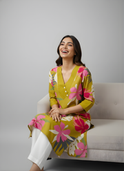 Mustard Yellow Pure Cotton Floral Printed Kurta for Women – Stylish Daily Wear by Aaronee