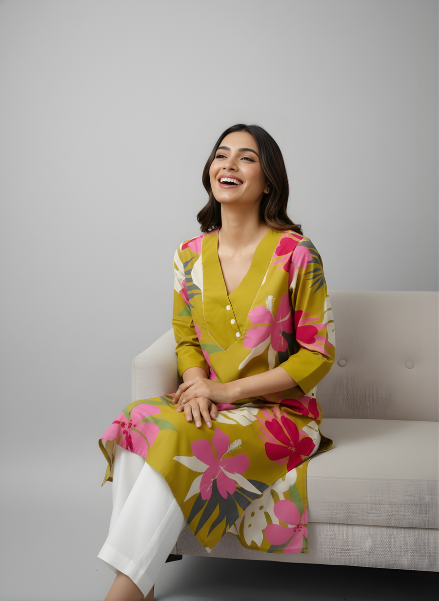 Mustard Yellow Pure Cotton Floral Printed Kurta for Women – Stylish Daily Wear by Aaronee