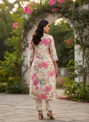 Cream Floral Printed Pure Cotton Kurta Set for Women – Aaronee Casual & Festive Wear