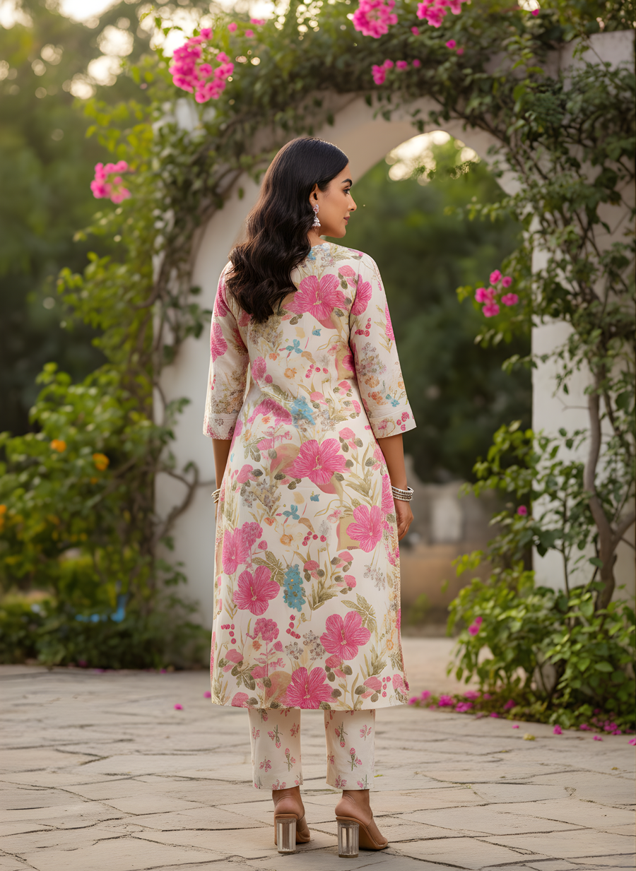 Cream Floral Printed Pure Cotton Kurta Set for Women – Aaronee Casual & Festive Wear