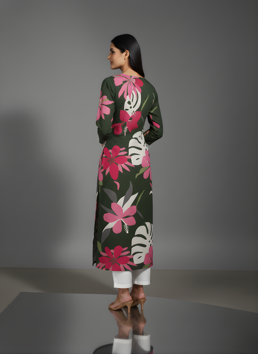 Green Pure Cotton Floral Printed Kurta for Women – Elegant Daily Wear by Aaronee