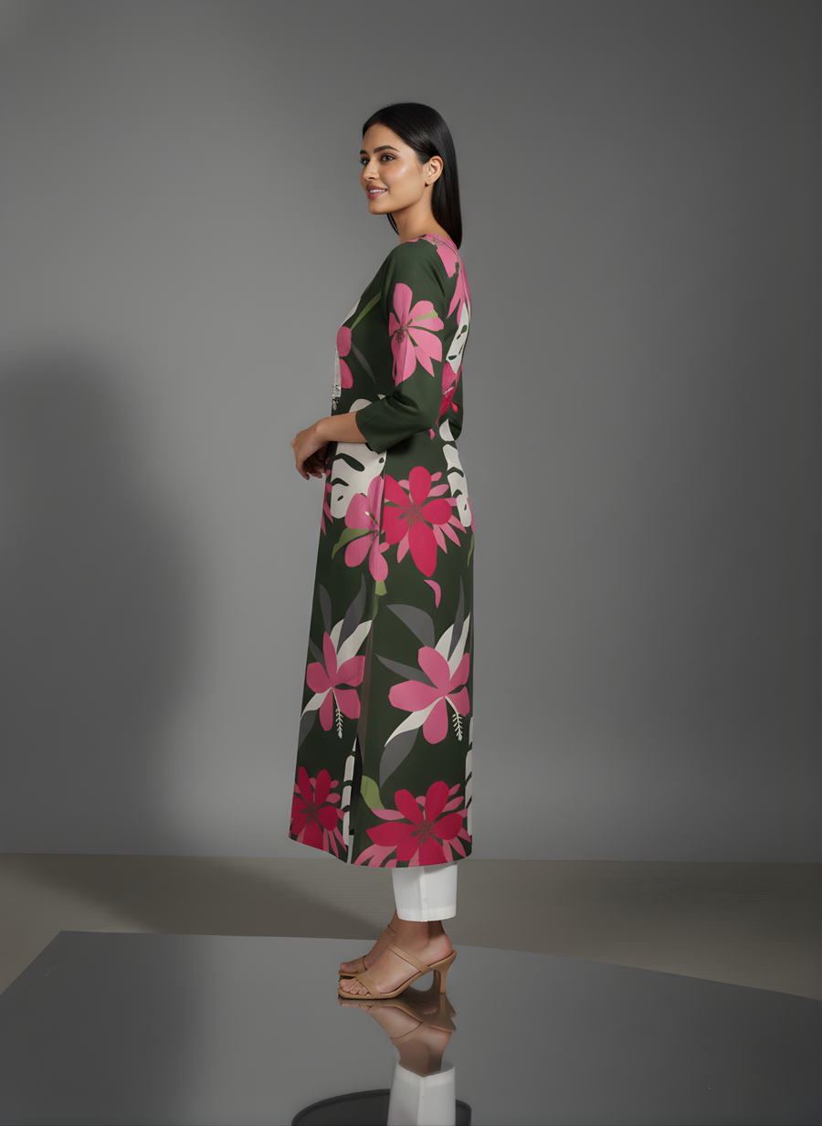 Green Pure Cotton Floral Printed Kurta for Women – Elegant Daily Wear by Aaronee