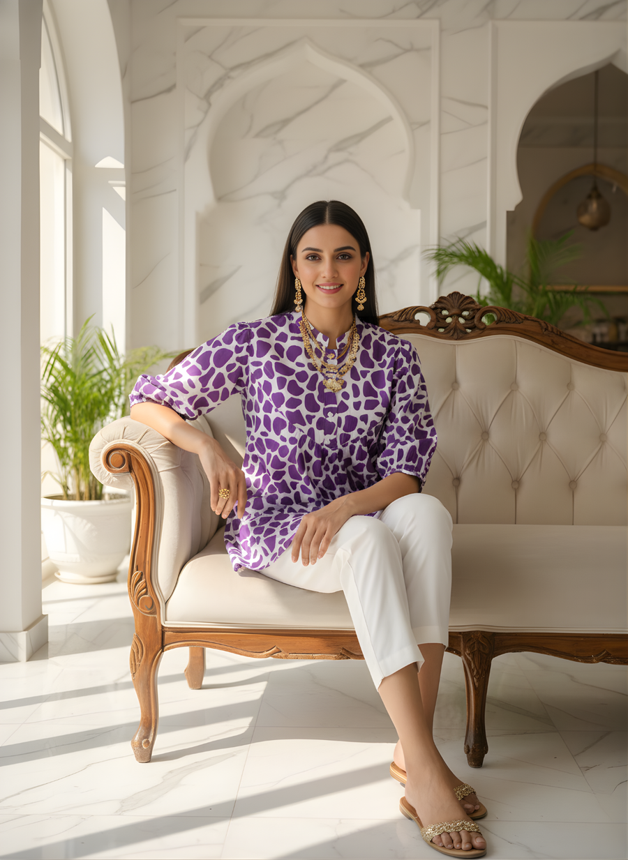 Aaronee Purple Pure Cotton Abstract Printed Short Kurti Top for Women | Trendy Daily Wear