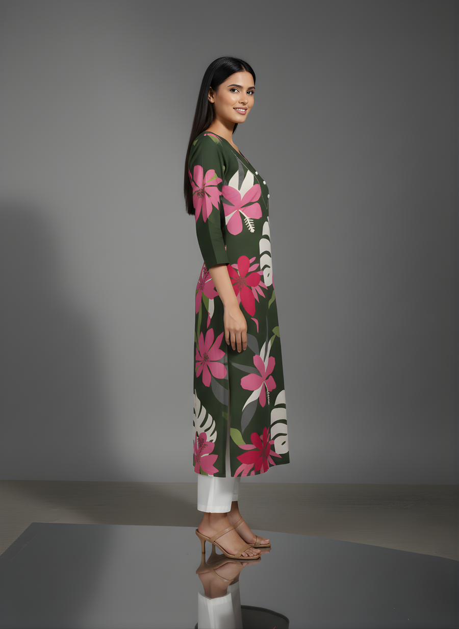Green Pure Cotton Floral Printed Kurta for Women – Elegant Daily Wear by Aaronee