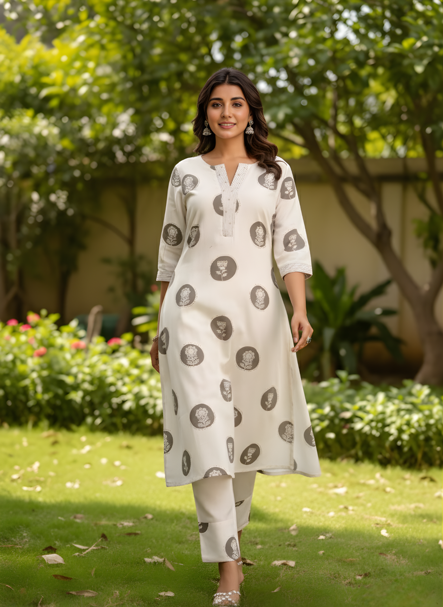 Off-White & Grey Printed Pure Cotton Flex Kurta Set for Women – Aaronee Jaipur