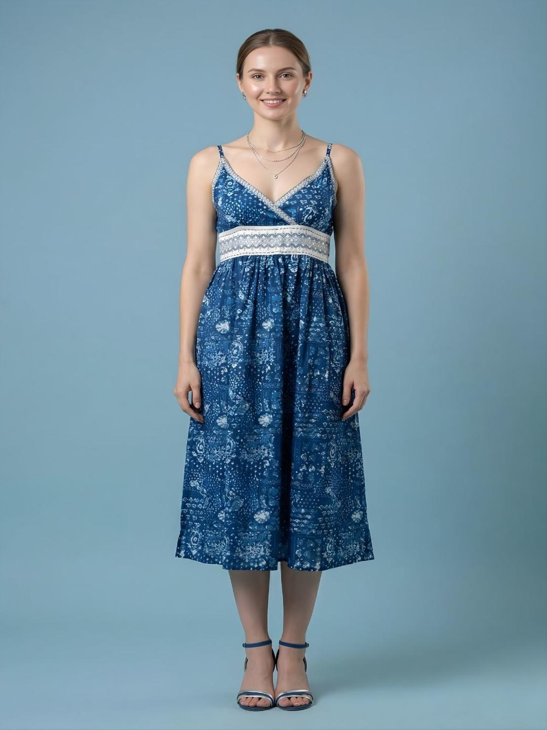 Casual blue printed A-line cotton dress for women
