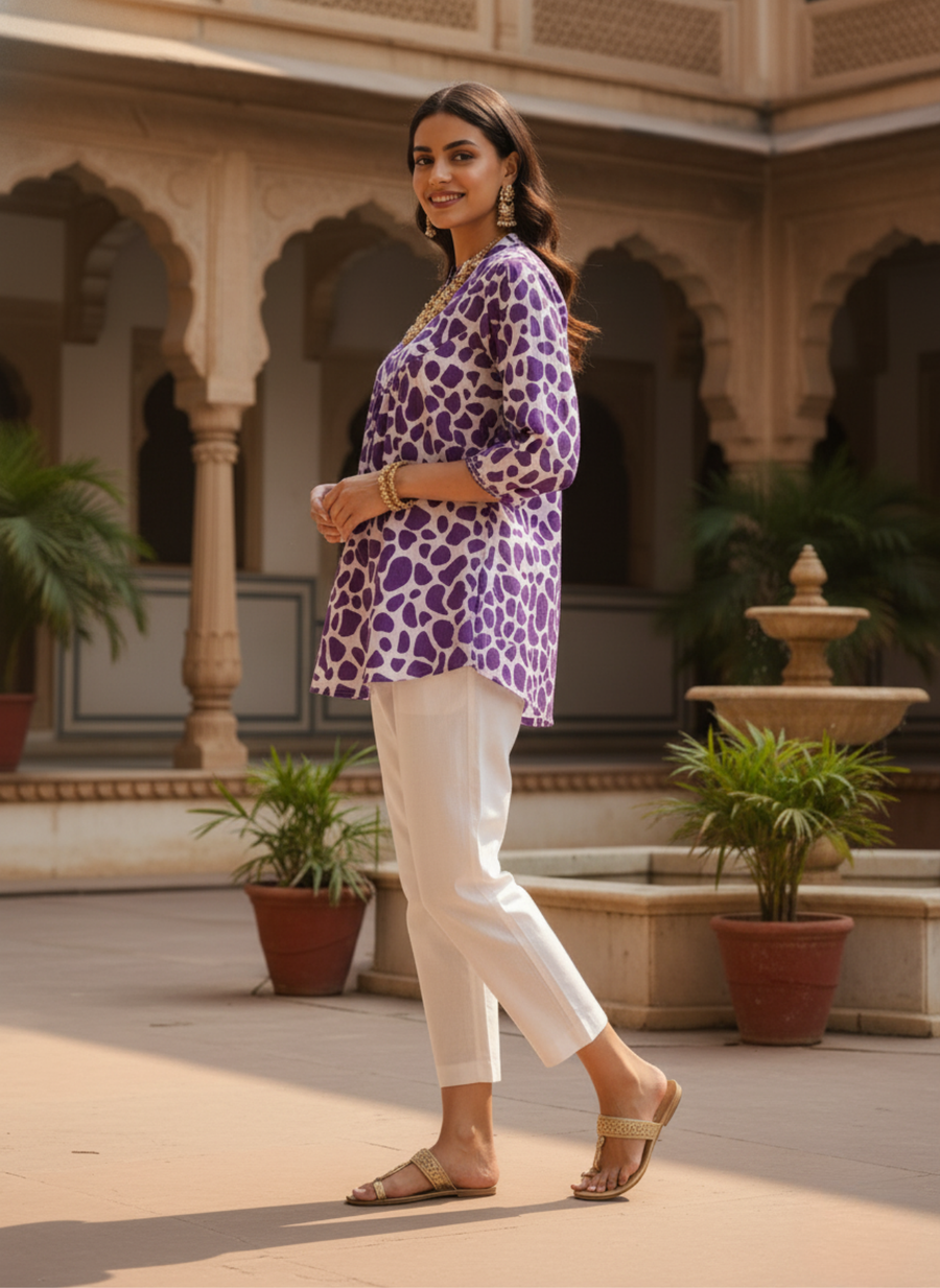 Aaronee Purple Pure Cotton Abstract Printed Short Kurti Top for Women | Trendy Daily Wear