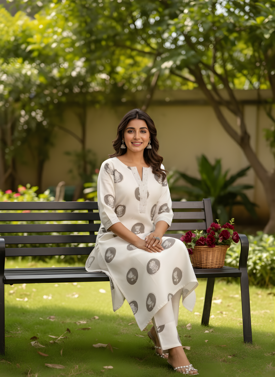 Off-White & Grey Printed Pure Cotton Flex Kurta Set for Women – Aaronee Jaipur