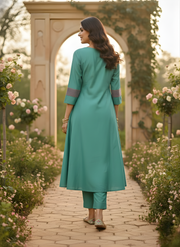 Teal Green Roman Silk Kurta Set – Elegant Festive Wear with Embroidered Detail by Aaronee