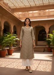 Aaronee Beige Pure Cotton Embroidered Long Straight Kurti