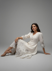 V-neck grey cotton kurti with puff sleeves