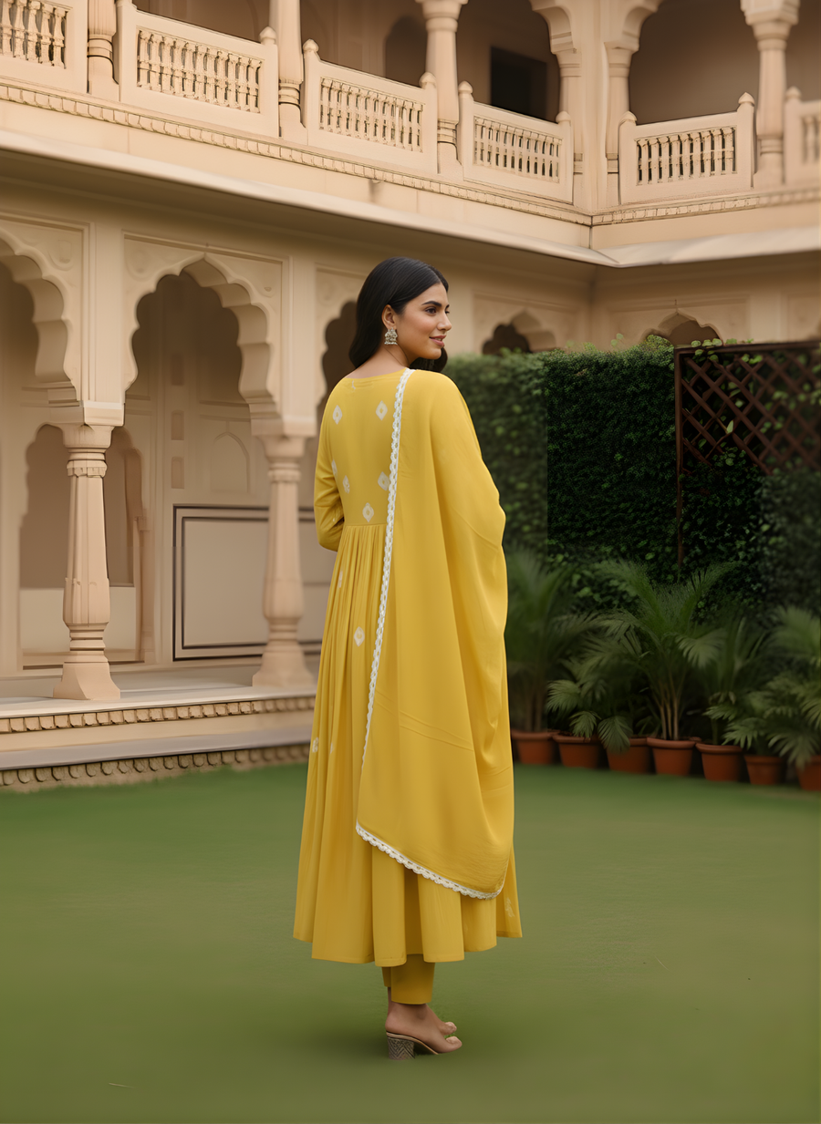 Mustard Yellow Pure Cotton Kurta Dupatta Set with Yoke Embroidery – Elegant Festive Wear
