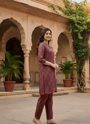 Aaronee Modal Chanderi Maroon Printed Kurti Set for Women
