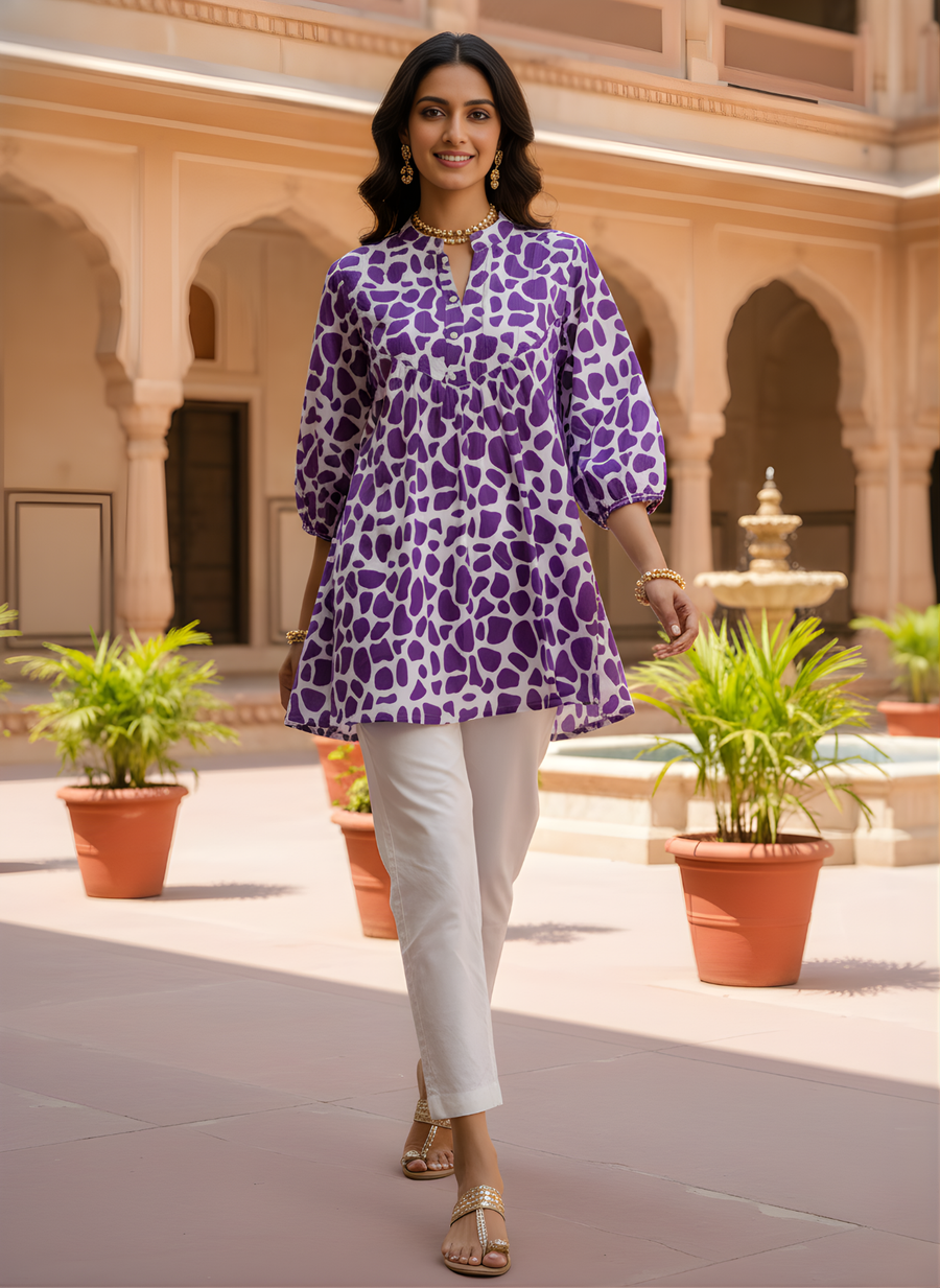 Aaronee Purple Pure Cotton Abstract Printed Short Kurti Top for Women | Trendy Daily Wear