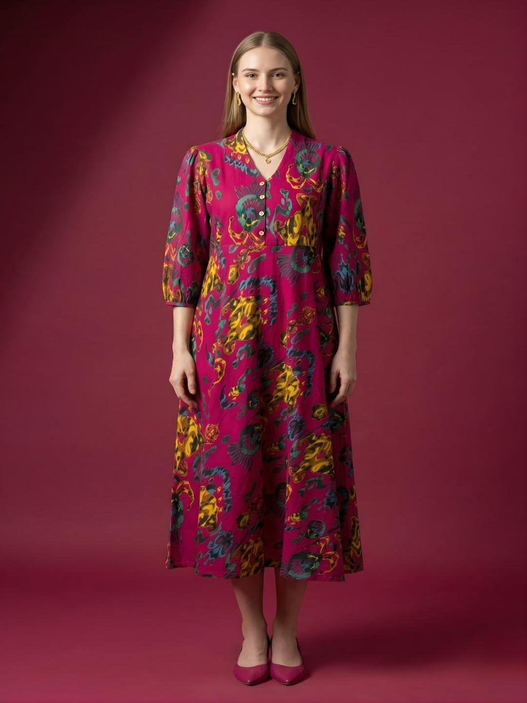 Women's pink premium cotton A-line midi dress with V-neck