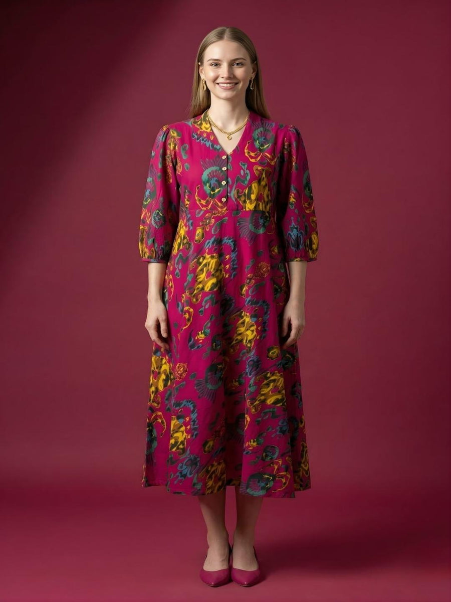 Women's pink premium cotton A-line midi dress with V-neck