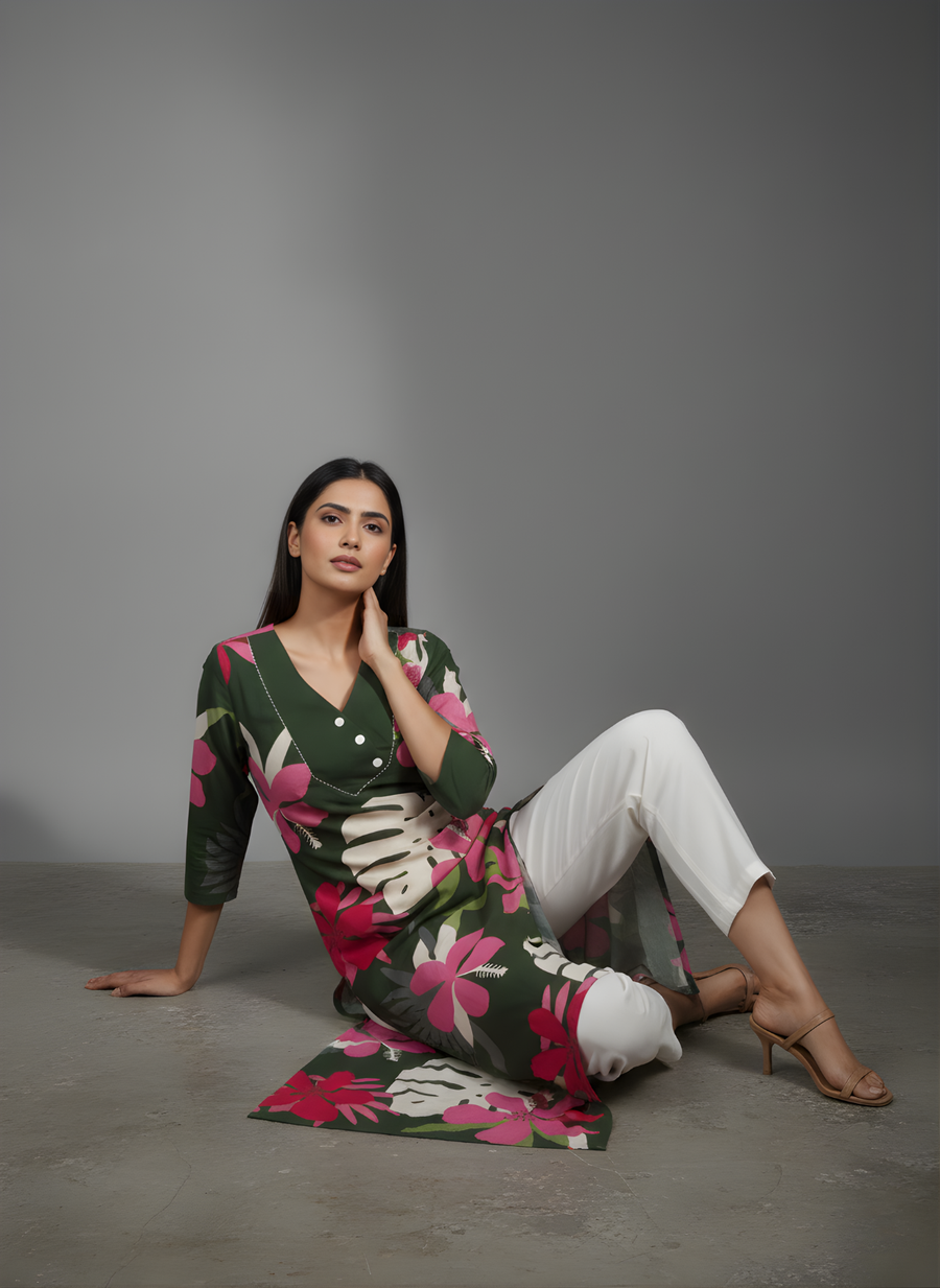 Green Pure Cotton Floral Printed Kurta for Women – Elegant Daily Wear by Aaronee