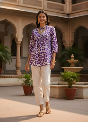Aaronee Purple Pure Cotton Abstract Printed Short Kurti Top for Women | Trendy Daily Wear