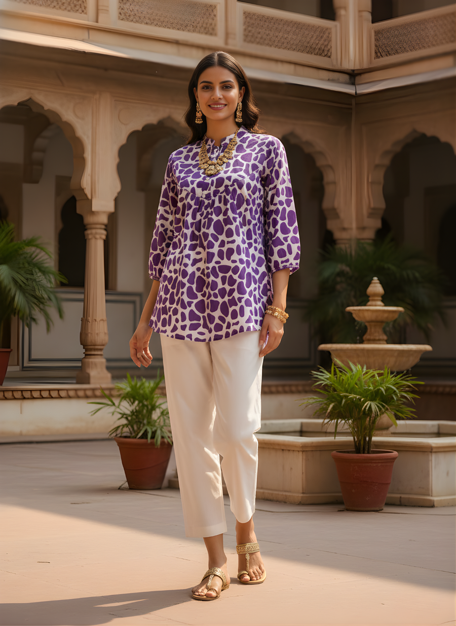 Aaronee Purple Pure Cotton Abstract Printed Short Kurti Top for Women | Trendy Daily Wear